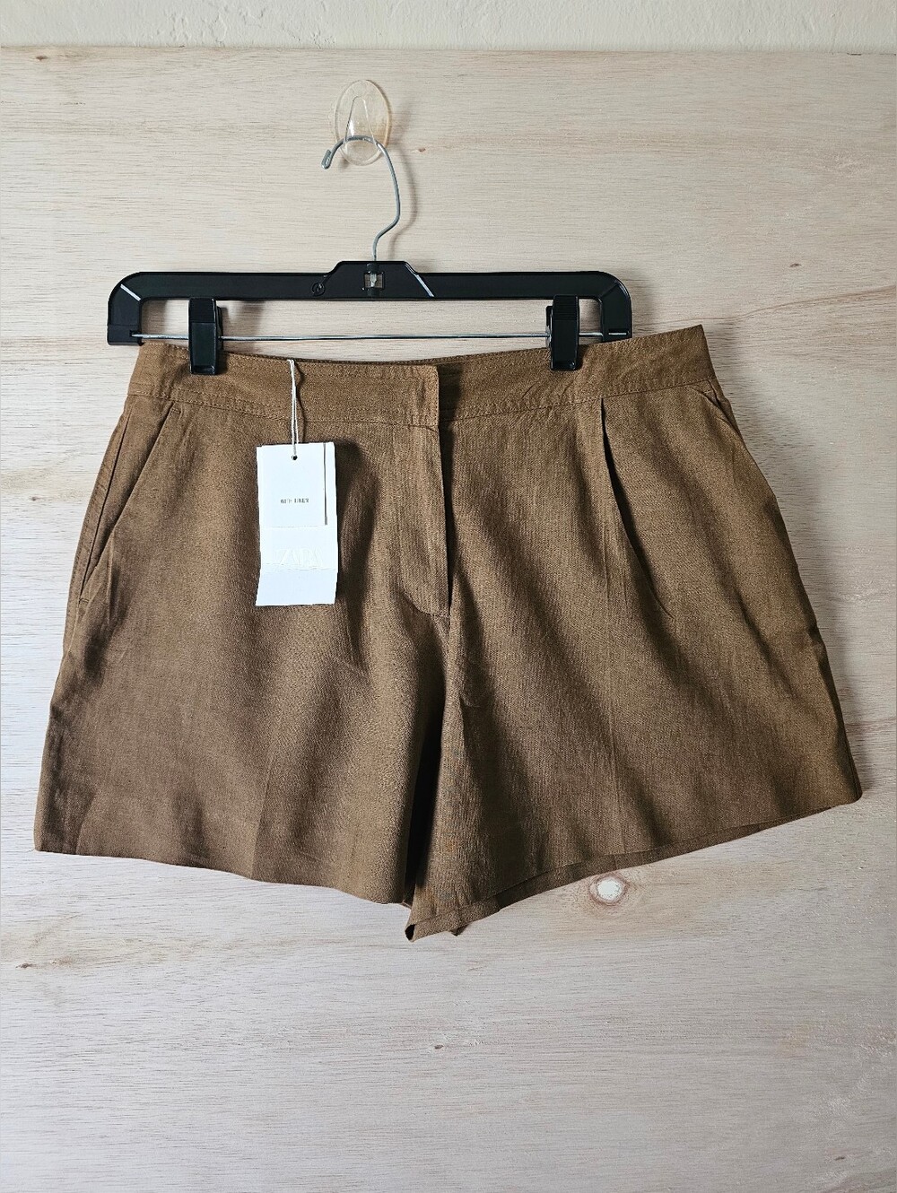 NWT Zara Brown High-Waist Pleated Linen Blend Shorts